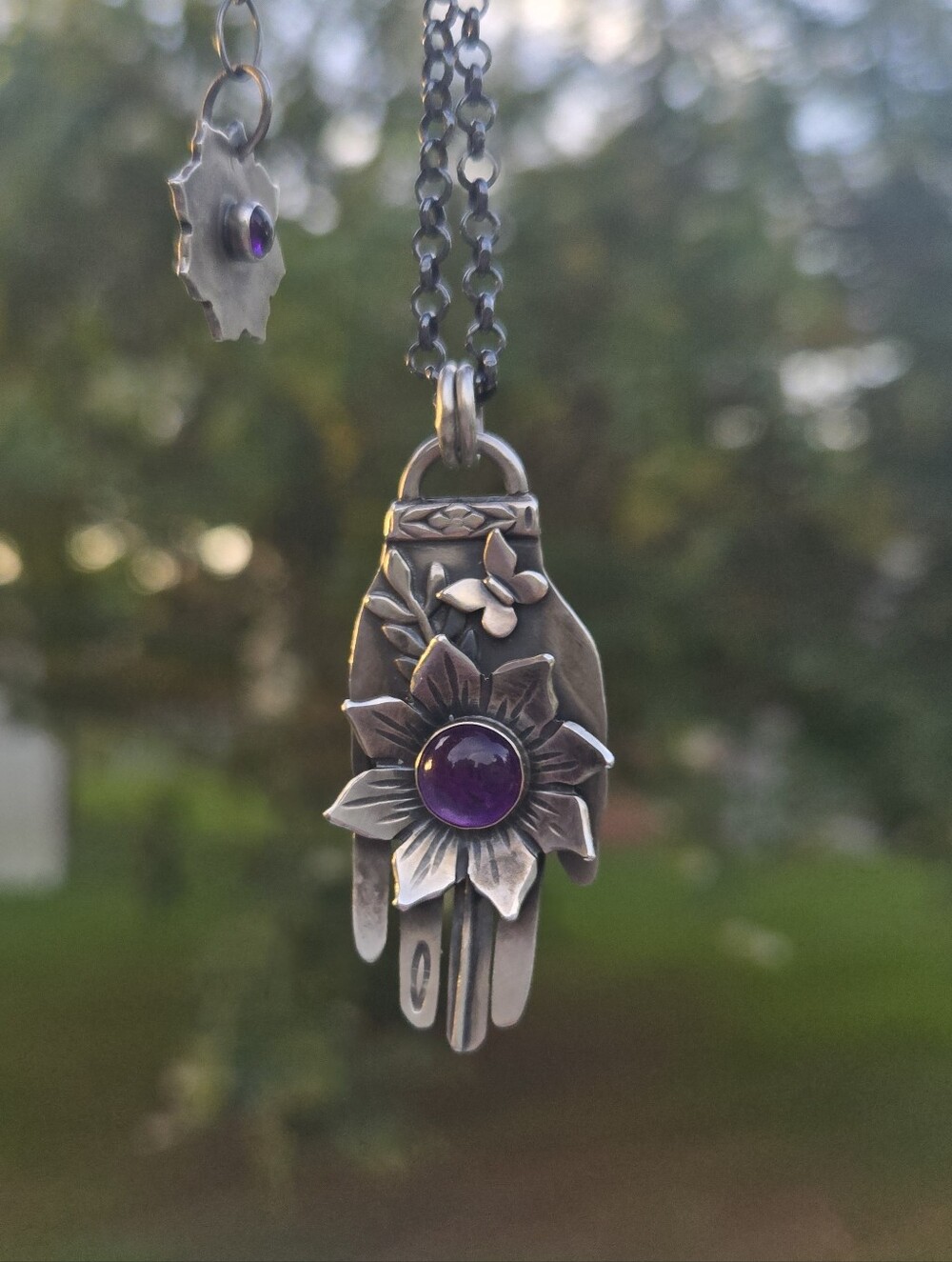 Chromafusion Etsy Artisan Sterling Silver Hand with Amethyst Necklace